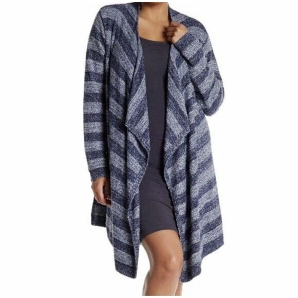 Barefoot Dreams Bamboo Chic Lite Fleece Open Cardigan Calypso Striped Blue S/M
